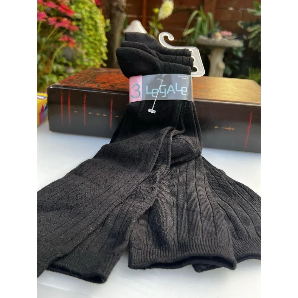 Deadstock Y2K LeGALe Black Crew Dress Socks 3 Set New Cable Knit Women Size 9-11